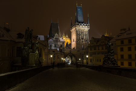 Famous Historic Charles bridge in Prague Czech Republic at winter, sunset time February  17, 2017の写真素材