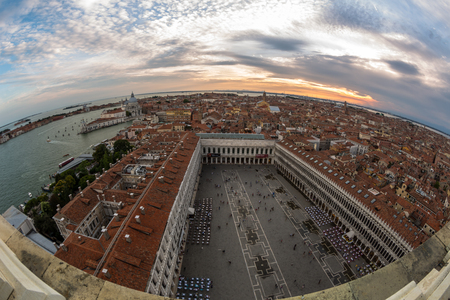 Aerial view of the Venice city scape with Basilica Piazza San Marco and grande canal. Fisheye lens shotの写真素材