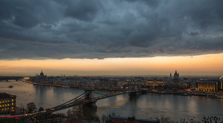 Aerial view of buildings, Danube river and and Chain bridge in old city Budapest at winter timeの写真素材