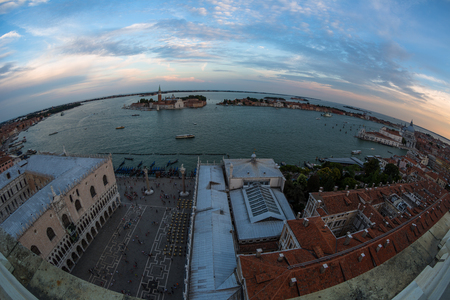 Aerial view of the Venice city scape with Basilica Piazza San Marco and grande canal. Fisheye lens shotの写真素材