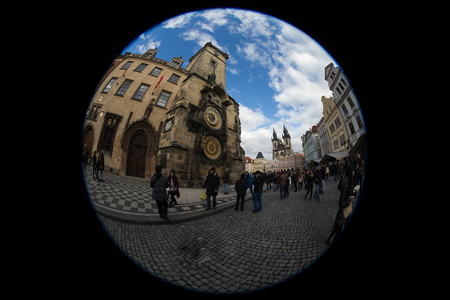Old town square and medieval astronomical clock inromantic city Prague at day time.  Prague Czech Republic. Fisheye lence shotの写真素材