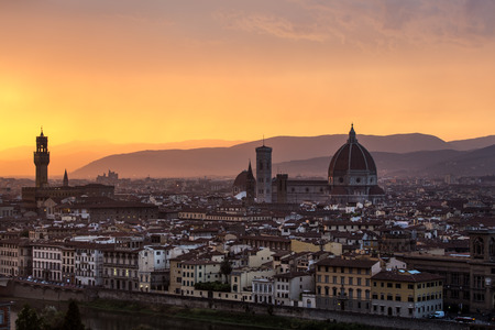 Aerial view of Florence skyline with Duomo, Palazzo vecchio and Arno river Florence, Italyの写真素材