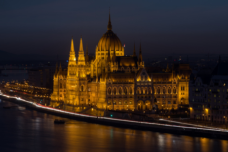 BUDAPEST, HUNGARY - JANUARY 17, 2019 : Aerial view of Danube river and Parliament building in old city Budapest at winter timeのeditorial素材