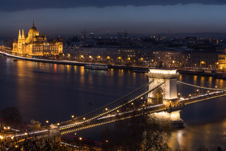 BUDAPEST, HUNGARY - JANUARY 17, 2019 : Aerial view of buildings, Danube river, Parliament building and and Chain bridge in old city Budapest at winter timeのeditorial素材