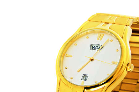 An elegant stylish golden mens wrist watch isolated on a white backgroundの写真素材