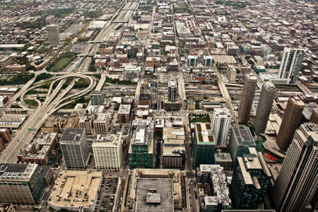 Aerial view of the city of Chicago showing the densely packed buildingsのeditorial素材