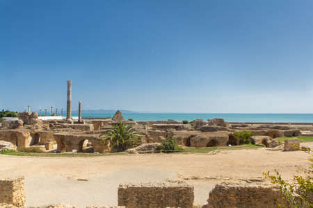 Ruins in ancient Carthage town, in Tunisia with ruins of great buildings, theaters, villas, baths, houses and columns from the great Punic and Roman empiresのeditorial素材