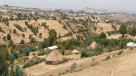 Huts in a village built along the hills near Wonchi area in Ethiopiaの写真素材