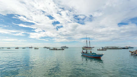 Two old wooden boats floating on the shores of Zanzibar, Tanzaniaのeditorial素材
