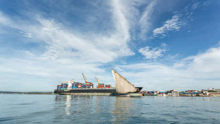 Ships and boats anchored near the shores of Zanzibar, Tanzaniaのeditorial素材
