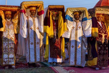 Priests carry the Tabot, a model of the Arc of Covenant, during a colorful procession of Timket...