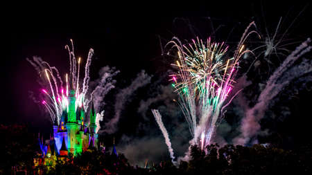 Orlando, Florida - Sept 4: The famous Wishes nighttime spectacular fireworks light up the sky at the Disney Magic Kingdom Castle in Orlando, Florida, on September 4, 2014のeditorial素材