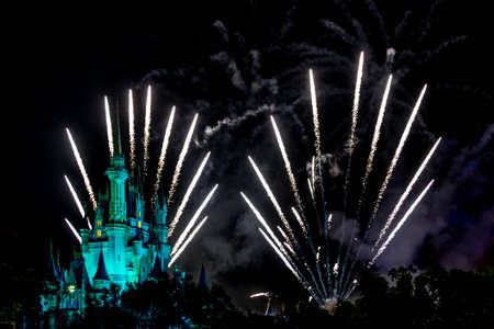 Orlando, Florida - Sept 4: The famous Wishes nighttime spectacular fireworks light up the sky at the Disney Magic Kingdom Castle in Orlando, Florida, on September 4, 2014のeditorial素材