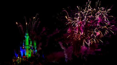 Orlando, Florida - Sept 4: The famous Wishes nighttime spectacular fireworks light up the sky at the Disney Magic Kingdom Castle in Orlando, Florida, on September 4, 2014のeditorial素材