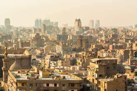 Aerial view of the city of Cairo with densely packed residential homes and buildingsの写真素材