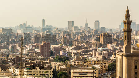 Aerial view of the city of Cairo with densely packed residential homes and buildingsの写真素材