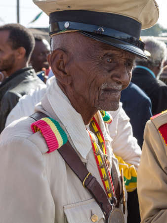 Addis Ababa - Sept 2: A decorated war veteran attends the celebrations of the 119th Anniversary of the Ethiopian Armys victory over the invading Italian forces in the 1896 battle of Adwa. September 2, 2015, Addis Ababa, Ethiopia.のeditorial素材