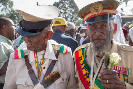 Addis Ababa - Sept 2: Decorated war veterans attends the celebrations of the 119th Anniversary of the Ethiopian Armyâs victory over the invading Italian forces in the 1896 battle of Adwa. September 2, 2015, Addis Ababa, Ethiopia.のeditorial素材