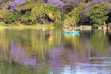 The beautiful Babogaya Lake warmly lit by the rising sun on a clear morning in Debre Zeit, Ethiopia.の写真素材