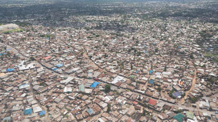 Aerial view of the city of Dar Es Salaam  showing the densely packed houses and  buildingsの写真素材