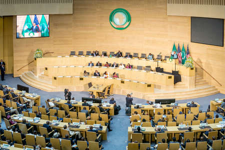 Addis Ababa - July 28: President Obama delivers a keynote speech to the African continent and its leaders, on July 28, 2015, at the Nelson Mandela Hall of the AU Conference Centre in Addis Ababa, Ethiopia.のeditorial素材