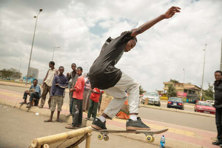 Addis Ababa, April 21: Ethiopia Skate, a local grassroots community of skateboarders organise a skateboarding event at a local skate spot on April 21, 2013 in Addis Ababa, Ethiopiaのeditorial素材