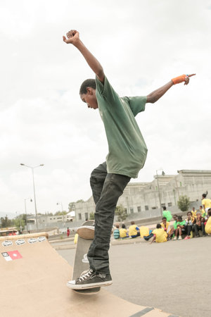 Addis Ababa, April 21: Ethiopia Skate, a local grassroots community of skateboarders organise a skateboarding event at a local skate spot on April 21, 2013 in Addis Ababa, Ethiopiaのeditorial素材