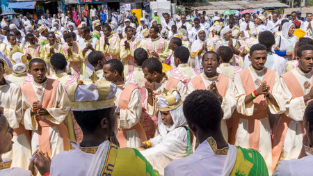 Addis Ababa - Jan 20: Ethiopian Orthodox followers celebrate Timket,  the Ethiopian Orthodox celebration of Epiphany, on January 20, 2016 in Addis Ababa, Ethiopia.のeditorial素材
