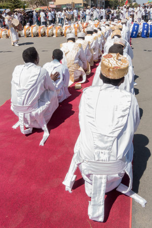 Addis Ababa - Jan 19: Ethiopian Orthodox Clergy and followers sing and chant while accompanying the...