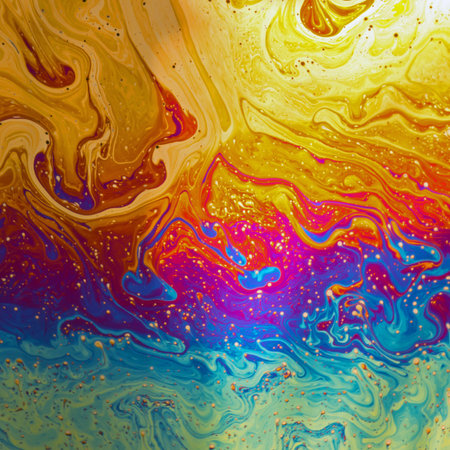 Psychedelic patterns formed on the surface of soap bubbles