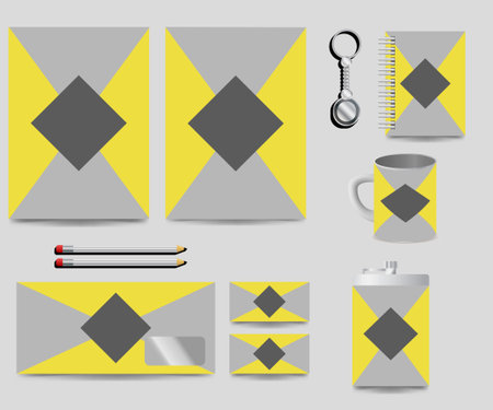 For business in geometric style on a gray background, business folders, mug, business cards and a notebook with a diamond-shaped design without textのイラスト素材