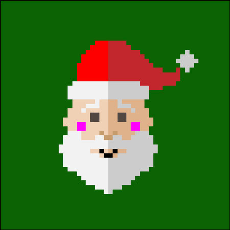 Pixel graphics of Santa Claus in a red hat with a white beard on a green backgroundのイラスト素材