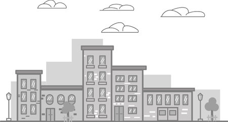 A city in grayscale, a street, lanterns, trees with fences, buildings on a white background.のイラスト素材