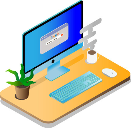 computer, keyboard, mouse and a cup of steaming black coffee on the tableのイラスト素材