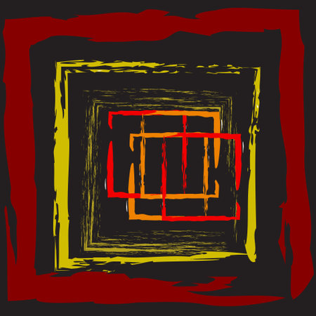 Artistic squares drawn with a brush on a dark background. Squares of red, orange and yellow colors on a dark background. vector illustration. EPS 10のイラスト素材