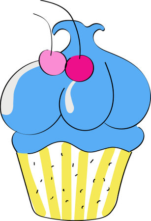 Yummy cupcake with berries on a white background. Cupcake with two cherry berries and cream for the menu on a white background. Sweet drawing of vector graphics. Illustration EPS 10のイラスト素材