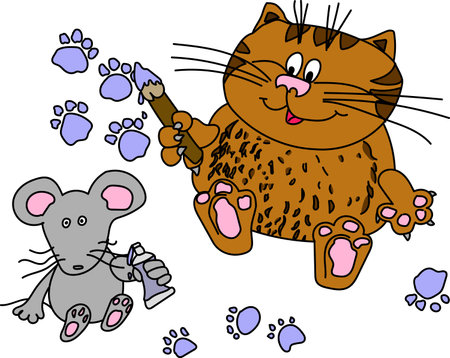A brown cat and a gray mouse on a white background. The artists are holding a brush and a tube on white paper. Vector graphics on a white background. Children's Drawing Cartoon Illustration EPS 10のイラスト素材