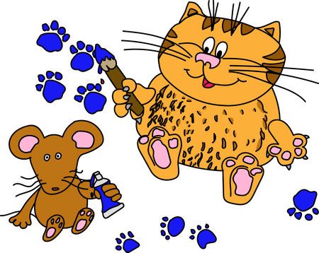 Orange cat and brown mouse on a white background. Artists hold a brush and a tube. Vector graphics. Cartoon Illustration EPS 10のイラスト素材