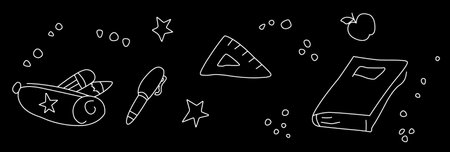 Graphic vector of school subjects on a black background. Illustration of school subjects. Pencil case, ruler, apple, diary on a black background. EPS10のイラスト素材