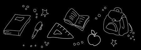 School subjects on a black background. Vector graphics. School backpack, diary, pen and notebook on a black background. Illustration EPS 10のイラスト素材