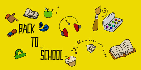 School subjects on a yellow background. Vector graphics of school supplies: paints, brushes, rulers and headphones on a yellow background. School illustration back to school EPS 10のイラスト素材