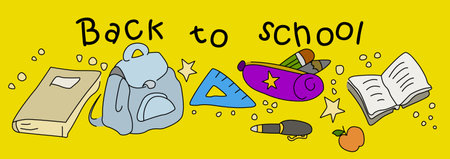 Illustration of school supplies on a yellow background. The inscription Back to school with school supplies on a yellow background. Vector graphics EPS 10のイラスト素材