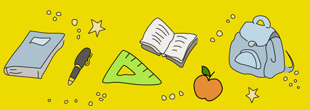 Colorful school items on a yellow background. Illustration EPS 10. School items: a notebook, a backpack, a ruler and an apple on a yellow background.のイラスト素材