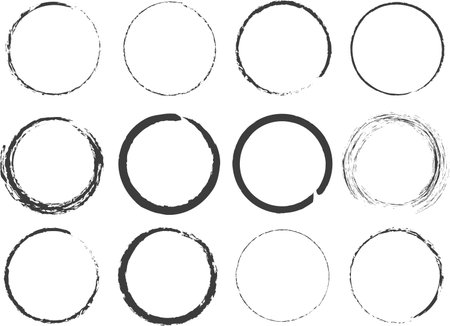 Vector circles with a brush on a white background. Circles drawn with a black brush on a white background. Illustration of various circles in the grunge style in black. Abstraction of dirty rings. EPS 10のイラスト素材