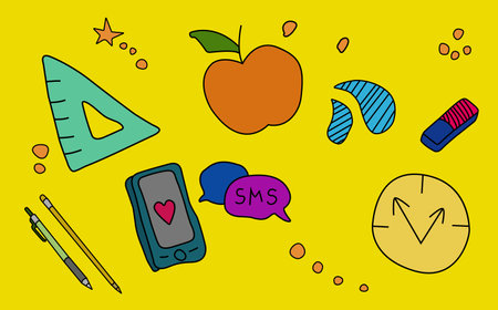 Beautiful illustration of school subjects on a yellow background. Illustration EPS 10. School supplies: a smartphone, a pen, a ruler with an eraser and an apple on a yellow background.のイラスト素材