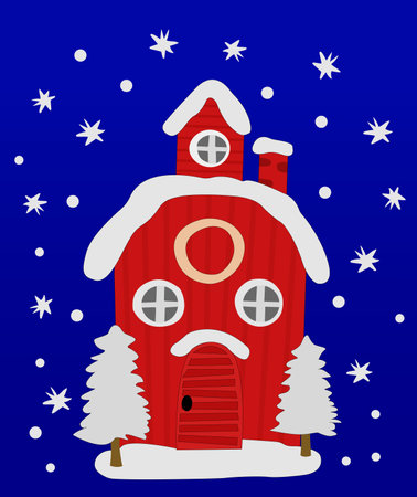 Decorative postcard with a red house on a blue background. Holiday postcard vector graphics. Christmas Card Illustration EPS 10のイラスト素材