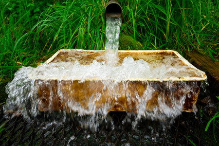 Water flowing out of a pipe into a yellow container.の写真素材