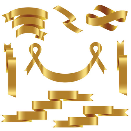 GOLD Ribbon Set In Isolated For Celebration And Winner Award Banner White Background, Vector Illustration can use for anniversary, birthday, party, event, holiday And others.のイラスト素材