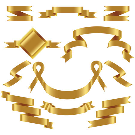 GOLD Ribbon Set In Isolated For Celebration And Winner Award Banner White Background, Vector Illustration can use for anniversary, birthday, party, event, holiday And others.のイラスト素材
