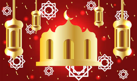 Happy Ramadan Kareem of banner, greeting card design with islamic lanterns, stars and moon on gold. Vector illustrationのイラスト素材